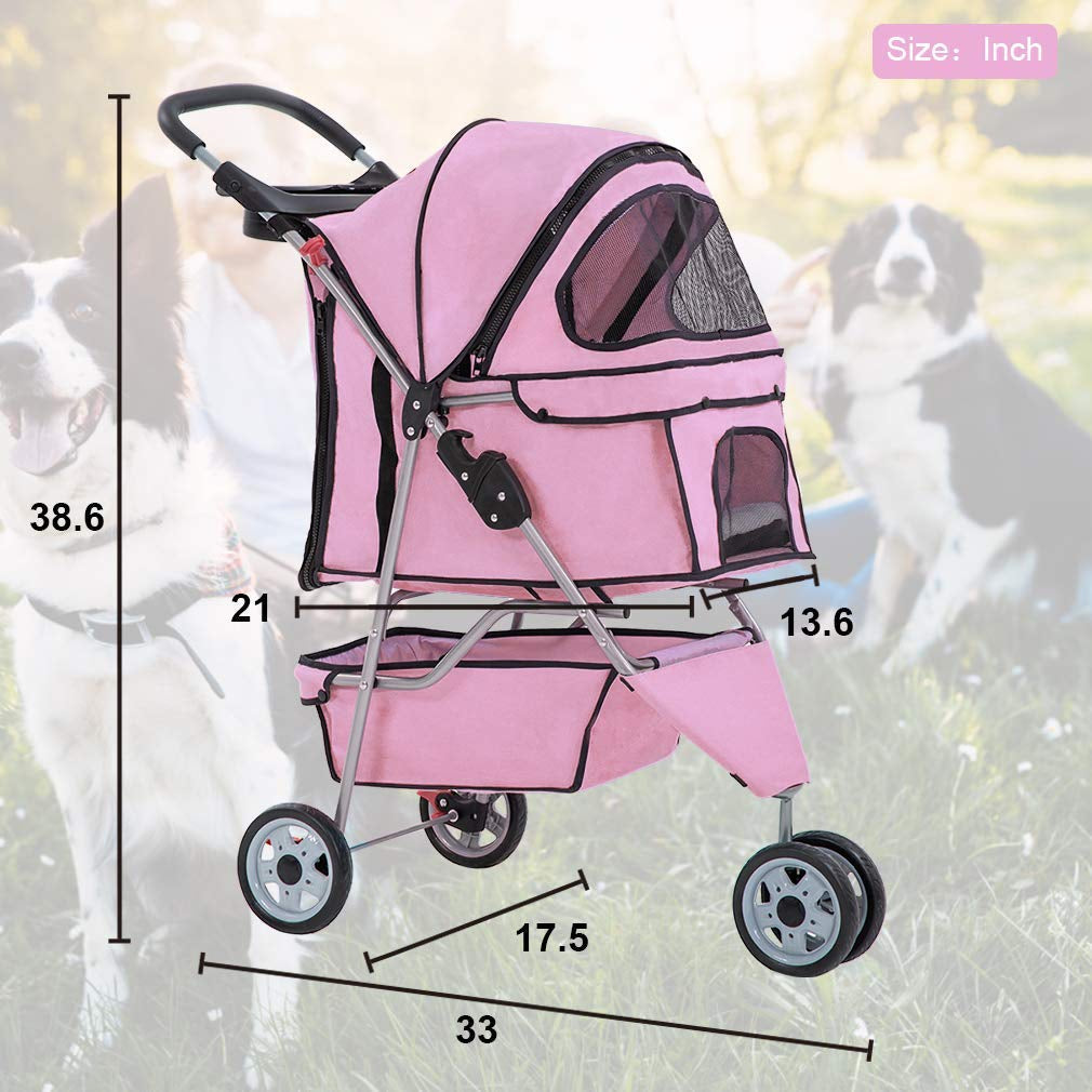 3-Wheel Folding Pet Stroller with Removable Liner | Waterproof Travel Carrier for Small & Medium Dogs and Cats – Pink