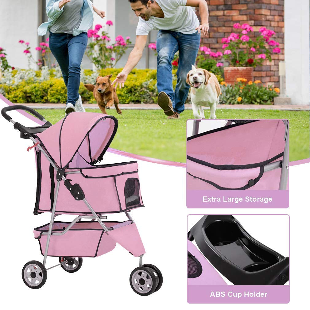 3-Wheel Folding Pet Stroller with Removable Liner | Waterproof Travel Carrier for Small & Medium Dogs and Cats – Pink