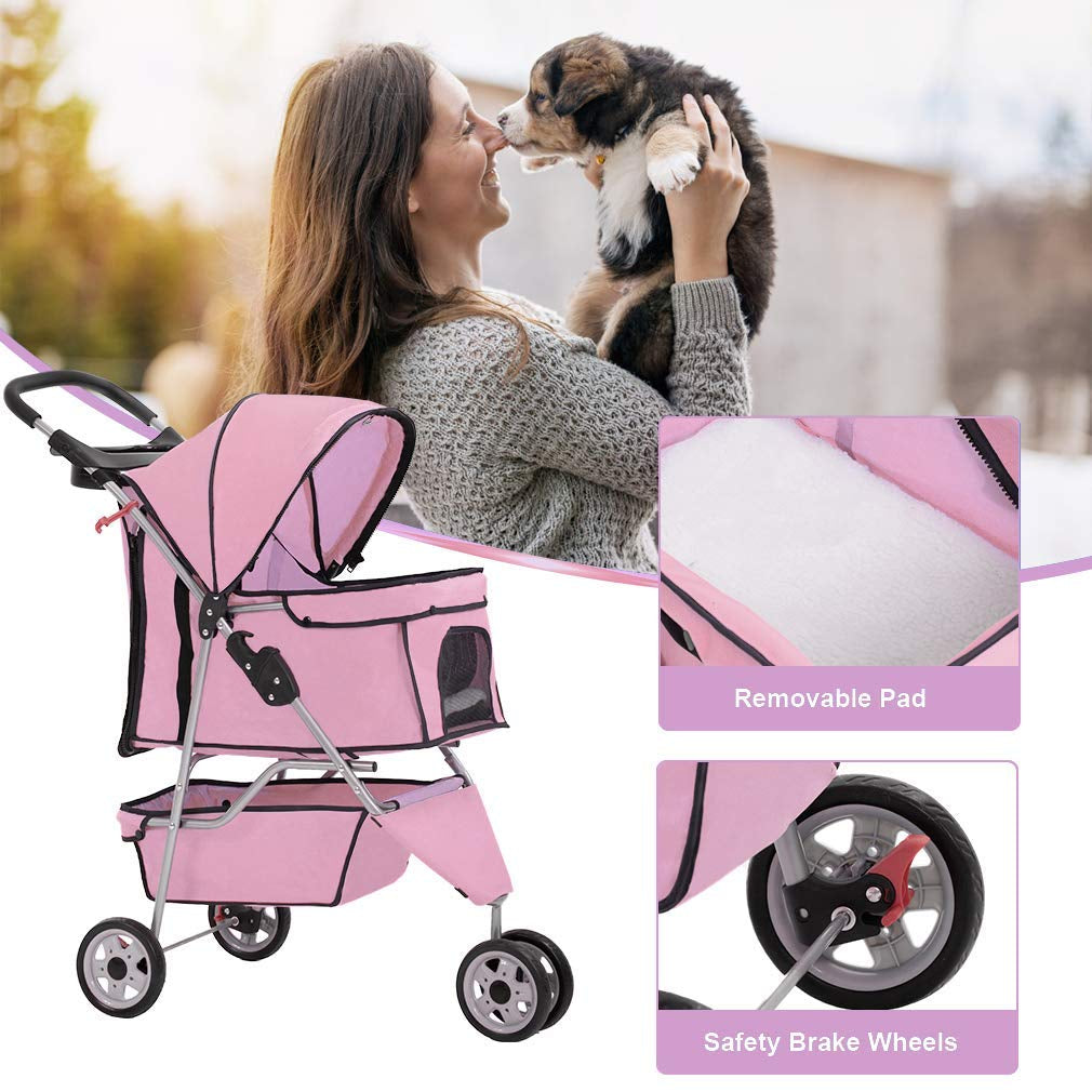 3-Wheel Folding Pet Stroller with Removable Liner | Waterproof Travel Carrier for Small & Medium Dogs and Cats – Pink