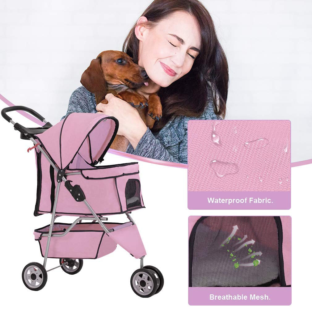 3-Wheel Folding Pet Stroller with Removable Liner | Waterproof Travel Carrier for Small & Medium Dogs and Cats – Pink