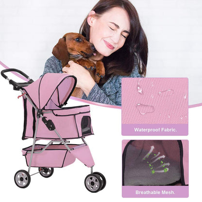 3-Wheel Folding Pet Stroller with Removable Liner | Waterproof Travel Carrier for Small & Medium Dogs and Cats – Pink