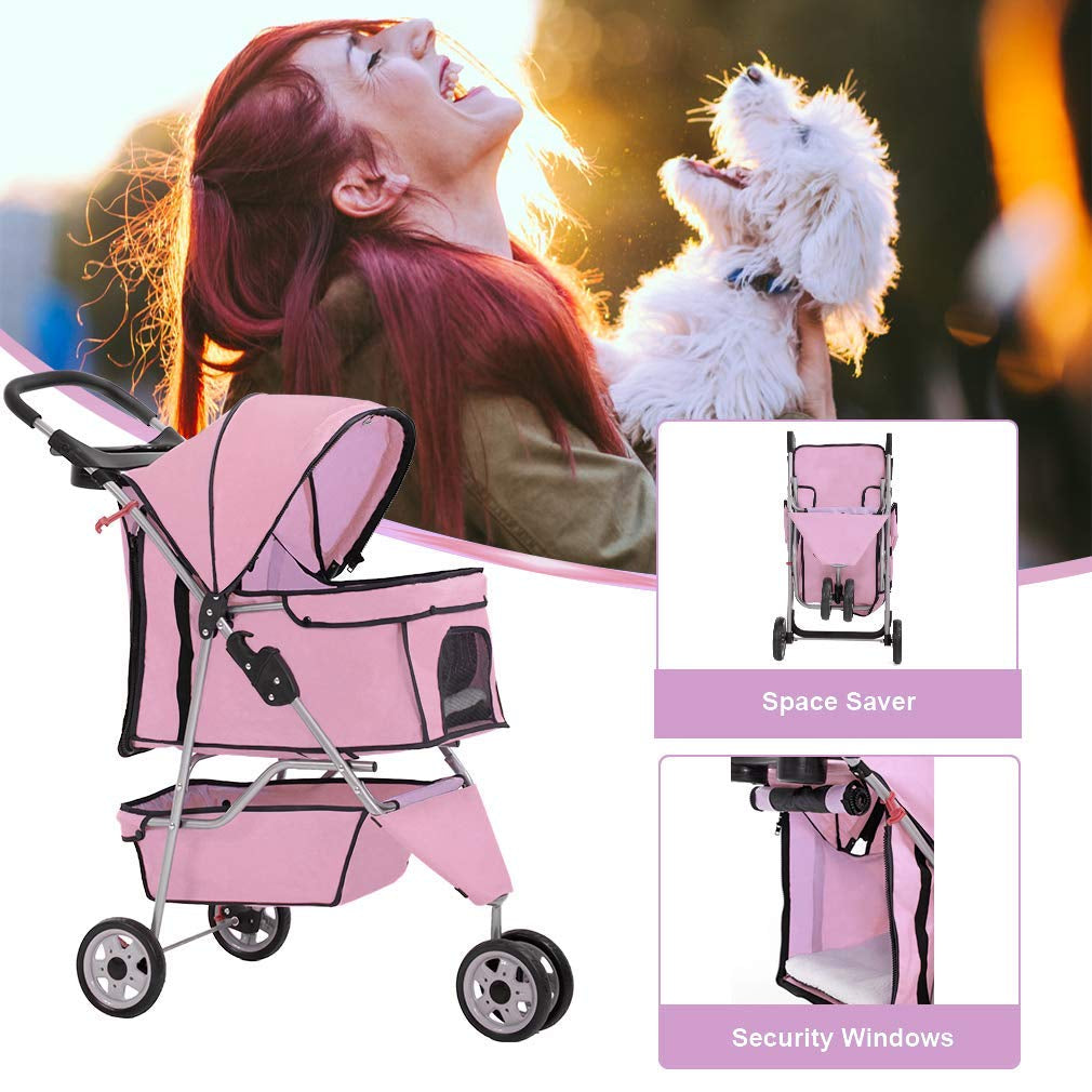 3-Wheel Folding Pet Stroller with Removable Liner | Waterproof Travel Carrier for Small & Medium Dogs and Cats – Pink