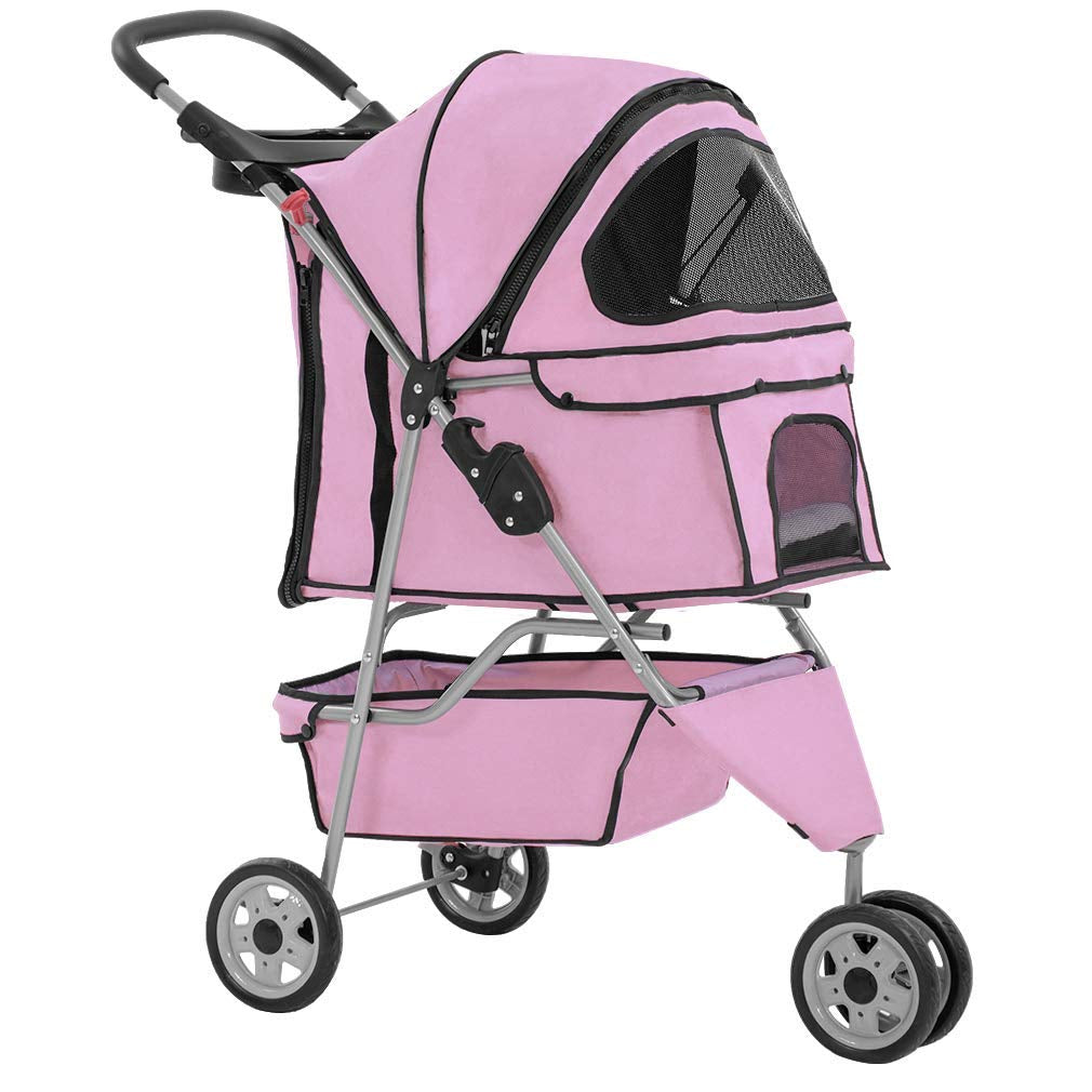 3-Wheel Folding Pet Stroller with Removable Liner | Waterproof Travel Carrier for Small & Medium Dogs and Cats – Pink