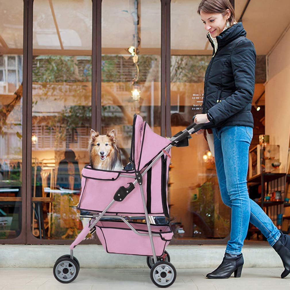 3-Wheel Folding Pet Stroller with Removable Liner | Waterproof Travel Carrier for Small & Medium Dogs and Cats – Pink