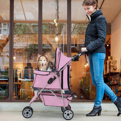 3-Wheel Folding Pet Stroller with Removable Liner | Waterproof Travel Carrier for Small & Medium Dogs and Cats – Pink